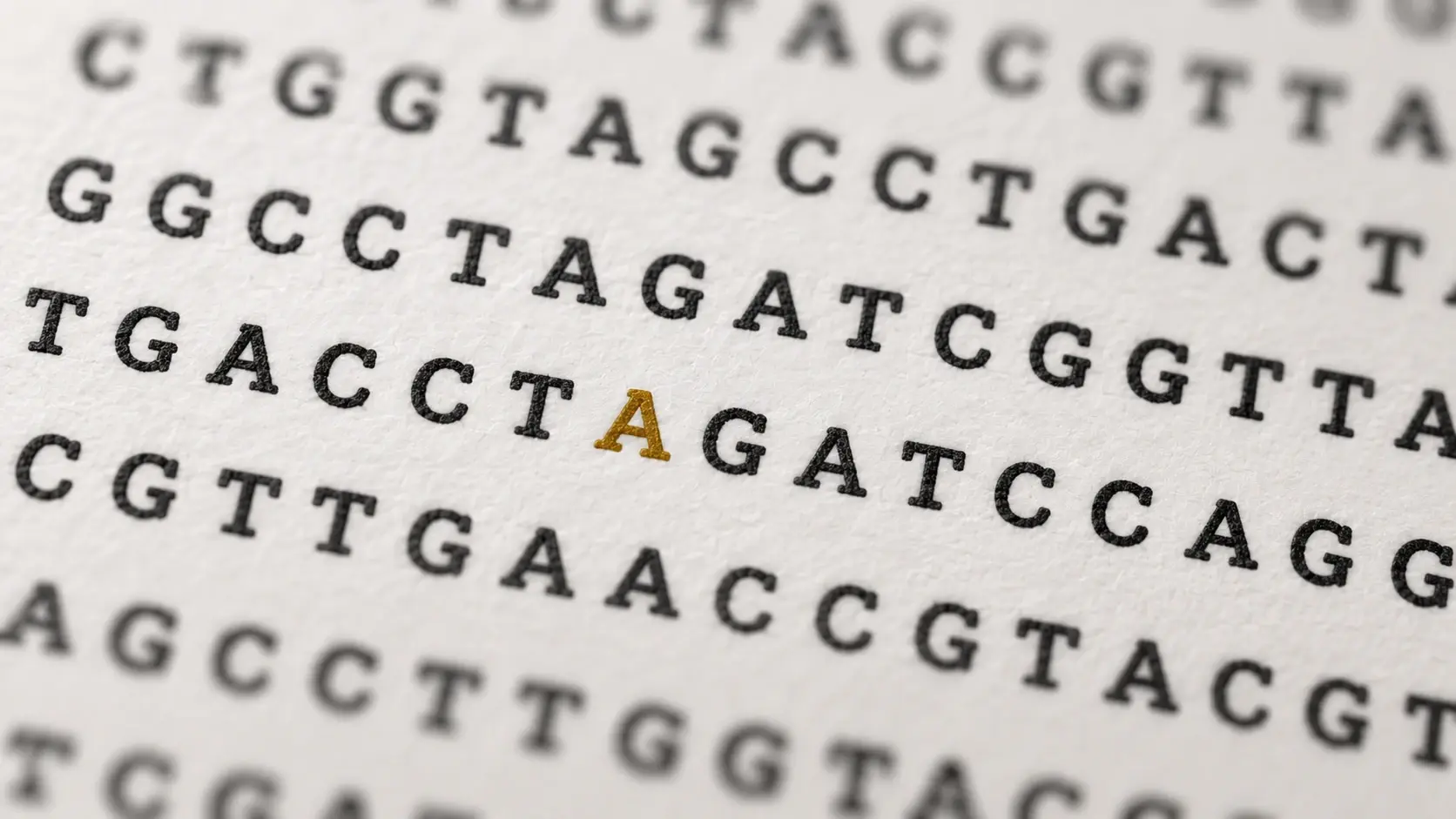 Conceptual printed DNA letters on textured white paper, with one gold A; illustrative sequence, not an observed RNU4-2 variant