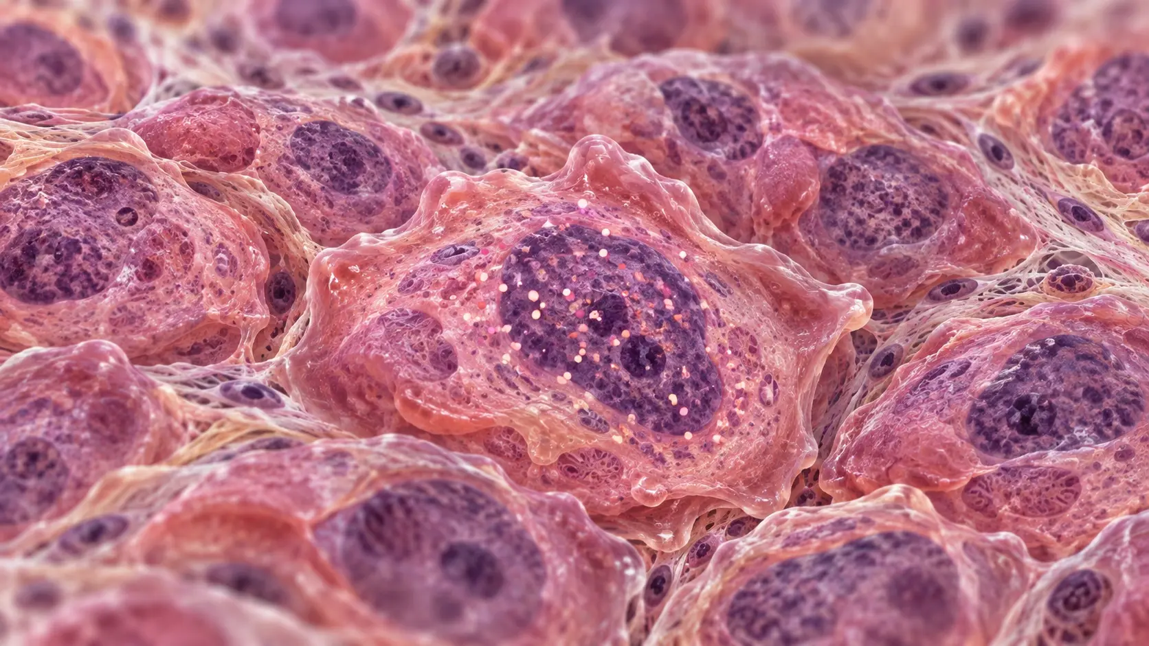 Microscopy-informed conceptual illustration of irregular breast-cancer cells with heterogeneous nuclei and extracellular matrix