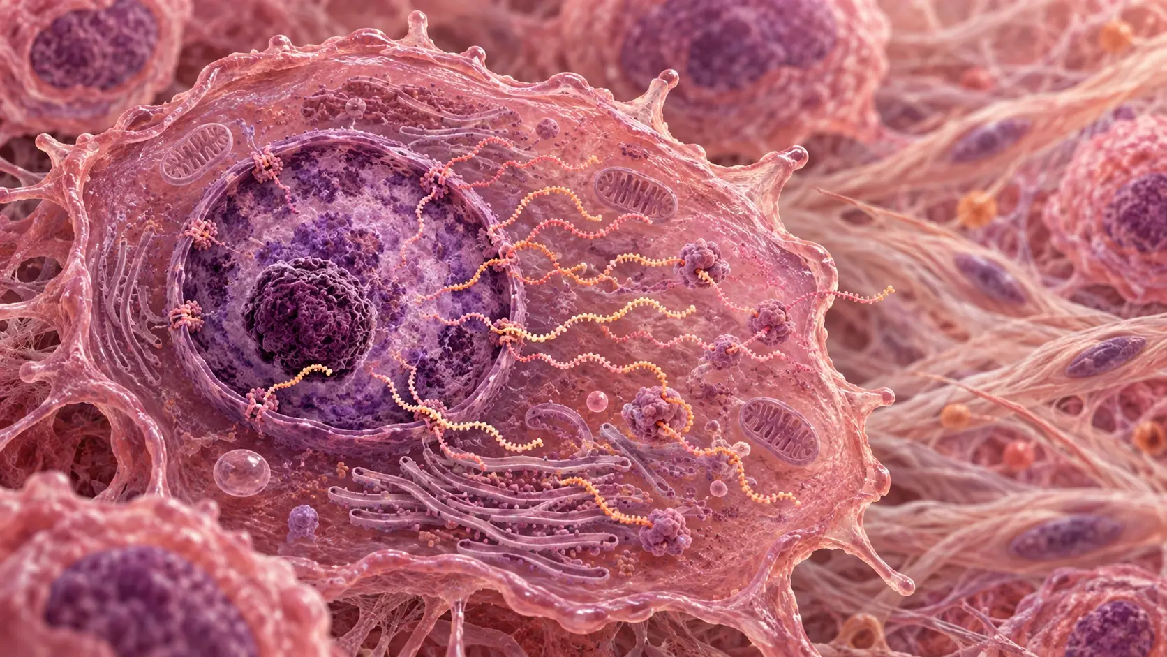 Microscopy-informed conceptual cutaway of a breast-cancer cell showing its nucleus, chromatin, organelles, and single-stranded RNA transcripts